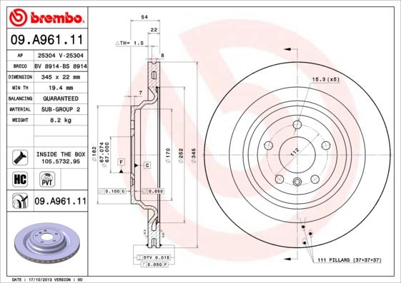 Brembo 09.A961.11 - Kočioni disk www.molydon.hr