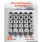 Komplet steznih čahura ER32, 25 komada, raspon 1,6–20,6 mm (1/16″–13/16″), TIR 0,02 mm, kutija