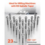 Komplet steznih čahura R8, 23 komada, raspon 1,6–19,1 mm (1/16″–3/4″), TIR 0,02 mm, kutija