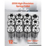 Komplet steznih čahura ER16, 12 komada, raspon 1,6–10,3 mm (1/16″–13/32″), TIR 0,02 mm, kutija