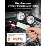 Set za provjeru tlaka i propuštanja cilindara motora, manometar 0–6,9 bar (100 PSI), 4 adaptera